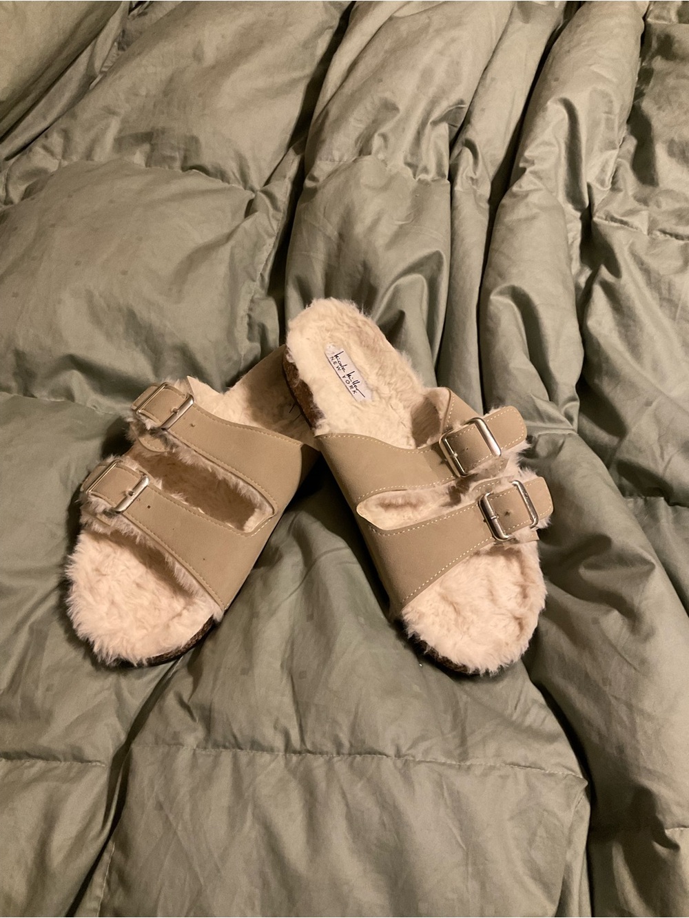 Nicole Miller Taupe Faux-Shearling Buckle Slide Sandals
